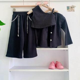 S213-[SALE XẢ KHO] Set 3 chi tiết bé gái áo dây lệch vai phối quần suông ống rộng (Kèm áo khoác Cardigan v