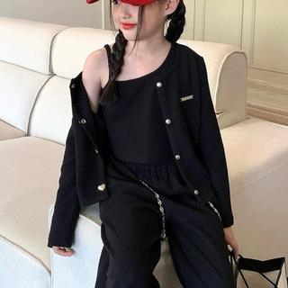 S213-[SALE XẢ KHO] Set 3 chi tiết bé gái áo dây lệch vai phối quần suông ống rộng (Kèm áo khoác Cardigan v