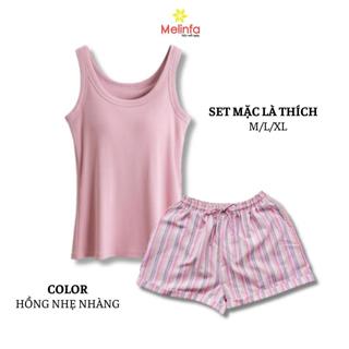Set bộ đồ mặc nhà áo ba lỗ quần short vải Viscose thoáng mát mặc mùa hè
