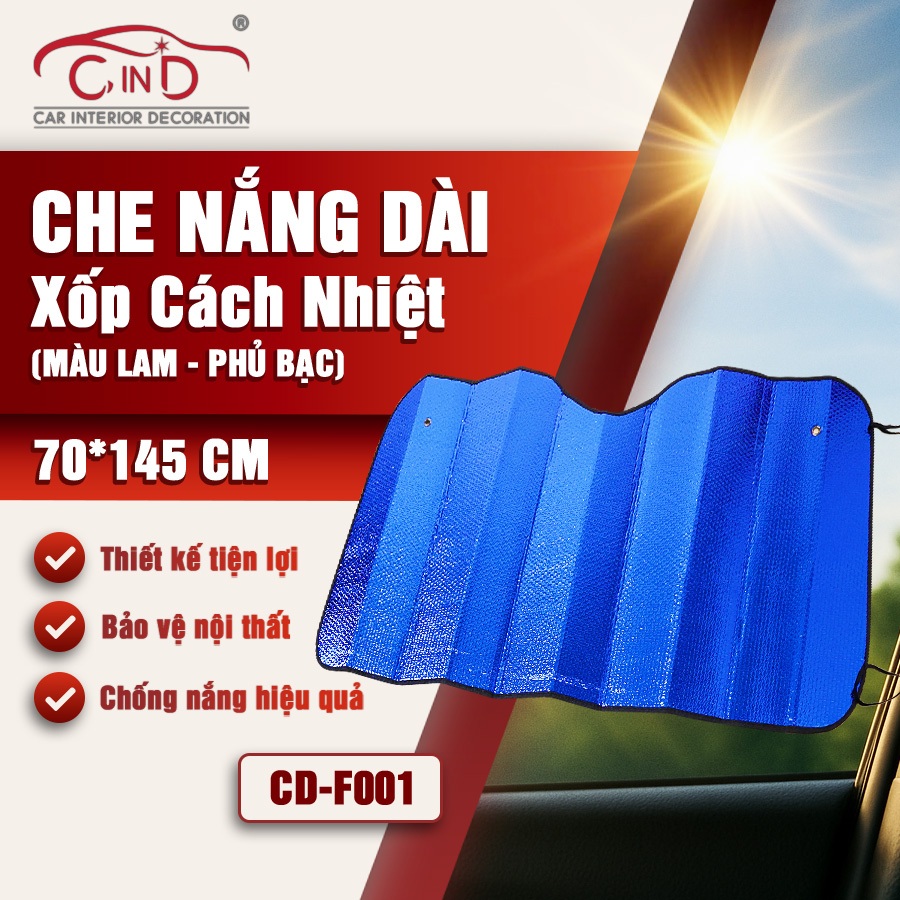 Tấm Che Nắng Ô Tô Xốp Cách Nhiệt Loại Dài Gấp Gọn Màu Lam Phủ Bạc Cho Kính Lái Và Kính Sau CIND CD-F001 (70x145cm)