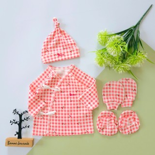 Set áo sơ sinh 4 món kèm mũ bao tay vớ chân chất cotton Hàn mềm mại cho bé 0-3 tháng