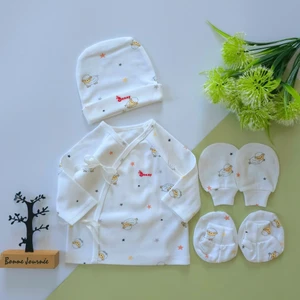 Set áo sơ sinh 4 món kèm mũ bao tay vớ chân chất cotton Hàn mềm mại cho bé 0-3 tháng