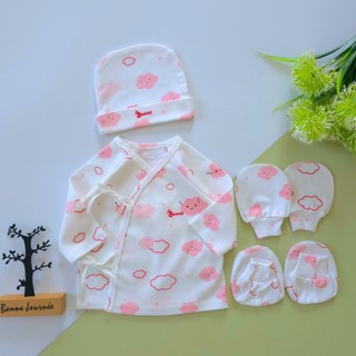Set áo sơ sinh 4 món kèm mũ bao tay vớ chân chất cotton Hàn mềm mại cho bé 0-3 tháng