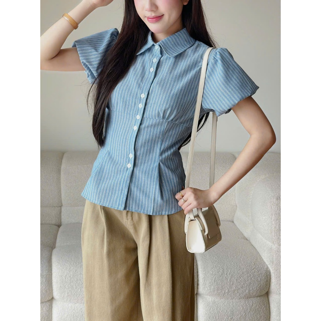Áo kiểu babydoll kẻ chiết eo Miha Studio