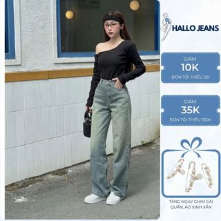 HALLO JEANS - Quần jean wash ống rộng, quần bò suông cạp cao màu Retro, phong cách basic M013