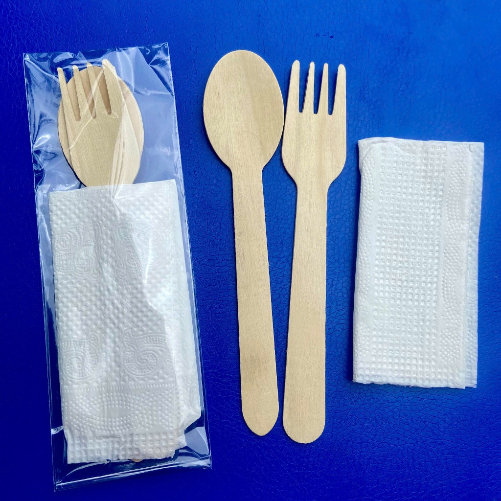 Combo 50 set 3 chi tiết  thìa dĩa gỗ giấy ăn