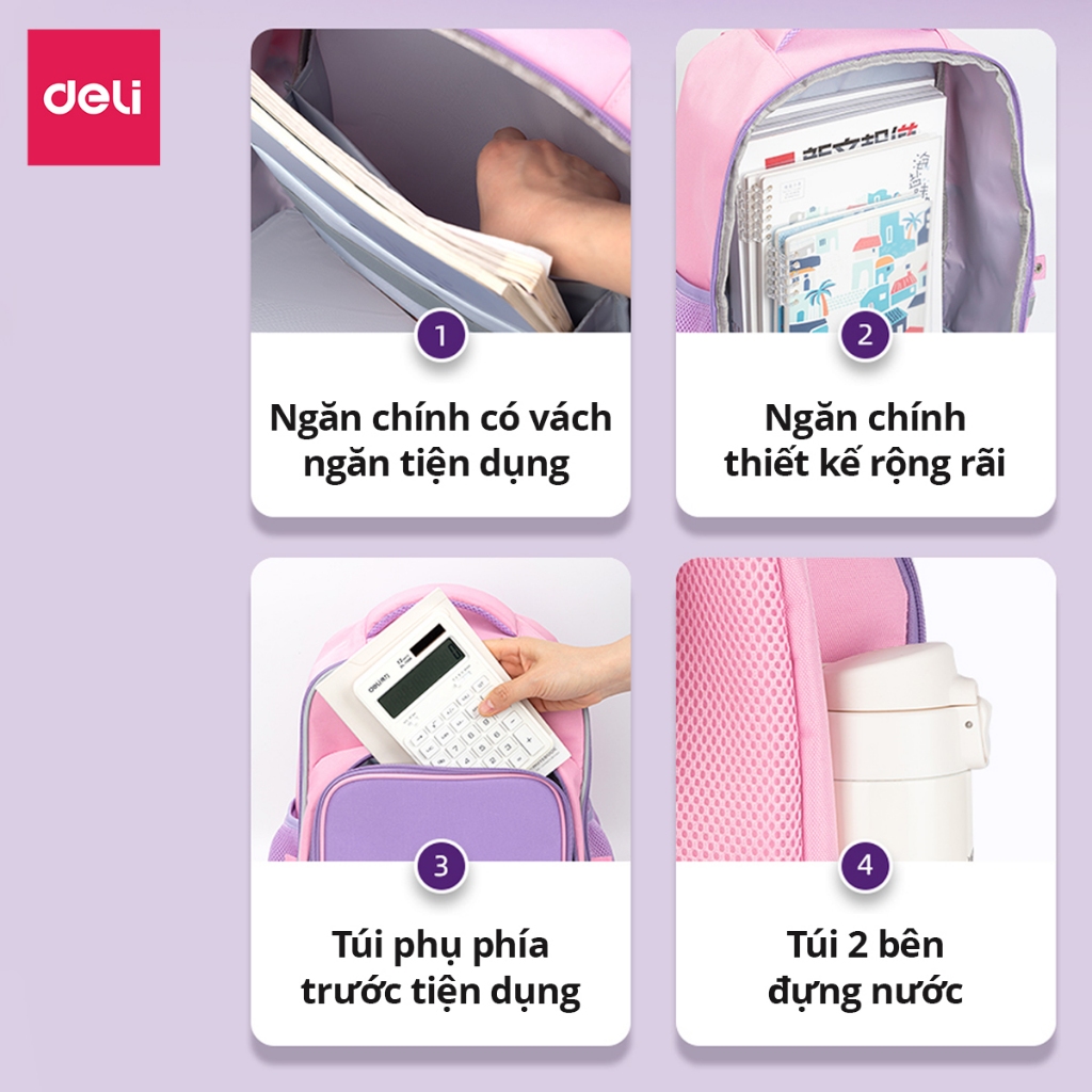 Balo Chống Gù Cao Cấp Deli - Cặp Chống Gù Cho Bé Tiểu Học Chất Bền Nhẹ Chống Thấm Nước Thoải Mái