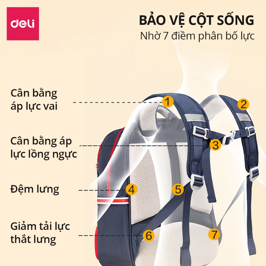 Balo Chống Gù Cao Cấp Deli - Cặp Chống Gù Cho Bé Tiểu Học Chất Bền Nhẹ Chống Thấm Nước Đệm Êm Thoải Mái