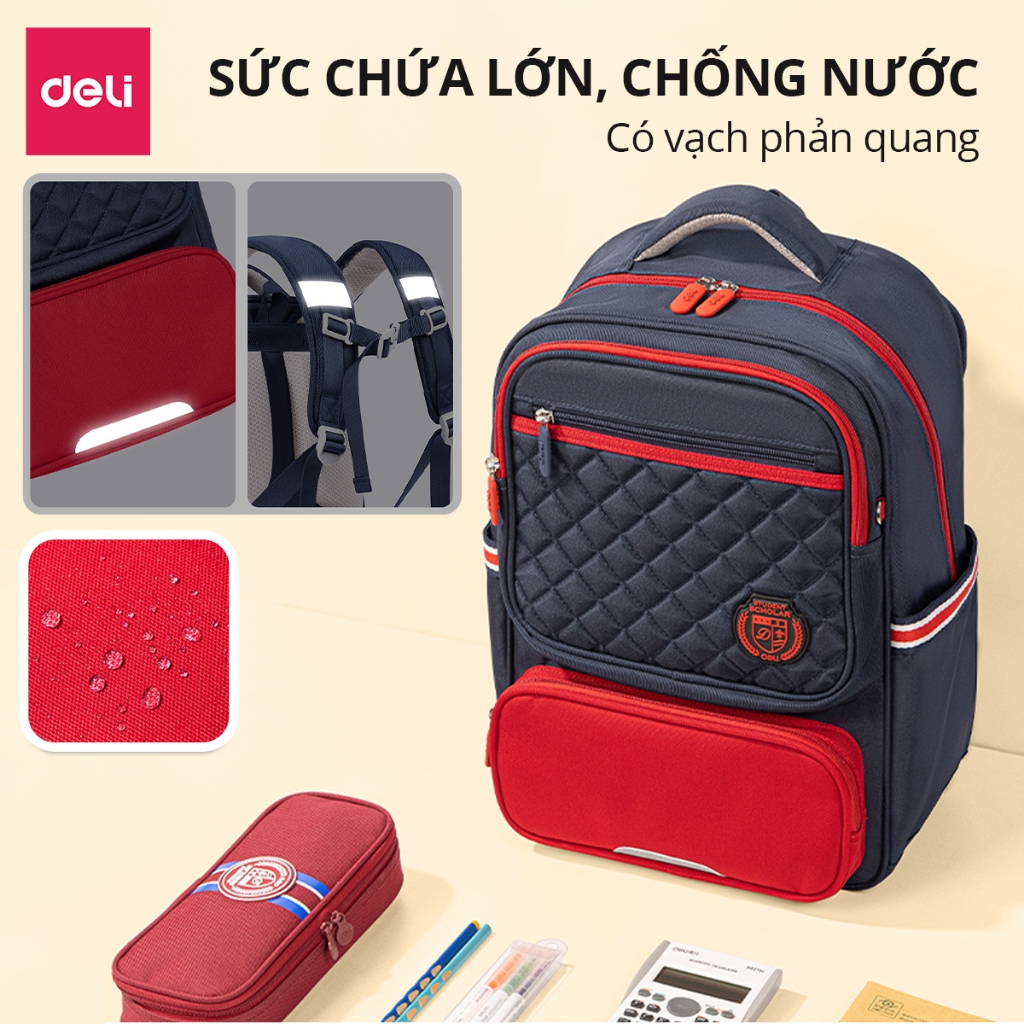 Balo Chống Gù Cao Cấp Deli - Cặp Chống Gù Cho Bé Tiểu Học Chất Bền Nhẹ Chống Thấm Nước Đệm Êm Thoải Mái