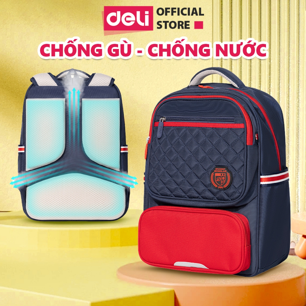 Balo Chống Gù Cao Cấp Deli - Cặp Chống Gù Cho Bé Tiểu Học Chất Bền Nhẹ Chống Thấm Nước Đệm Êm Thoải Mái