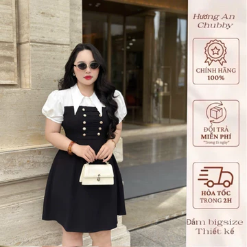 ♻️HA24-(𝐁𝐈𝐆𝐒𝐈𝐙𝐄 𝟏𝟎𝟎𝐤𝐠) Váy thiết kế 2 lớp váy đen phối cổ Sơmi đính cúc- váy công sở