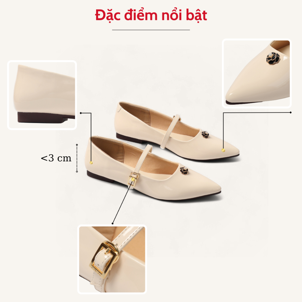 Giày Búp Bê Nữ Đế Bệt Quai Ngang Mũi Nhọn Đính Hoa Da Bóng Pixie H399