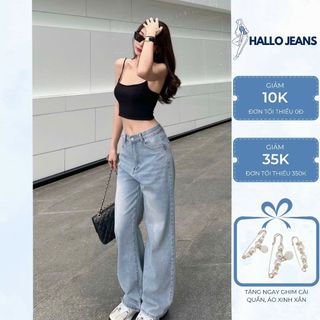 HALLO JEANS - Quần jean suông nữ xanh nhạt ống rộng 24cm, quần bò cạp cao thời trang ulzzang M010