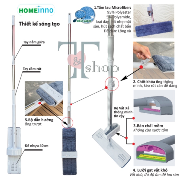 Cây Lau Nhà Tự Vắt Bảng Lau 40cm Homeinno, Kéo Rút Vắt Xả Nước, Tấm Lau Microfiber