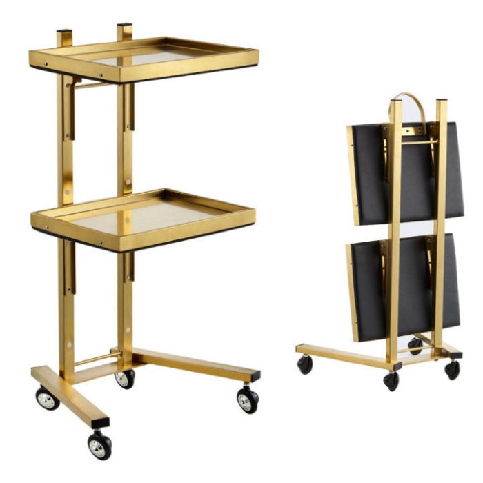 Xe Đẩy Mạ Vàng 2 Tầng, Có Thể Gập Được Như Hình, Kệ Inox Mạ Vàng, Dùng Trong Phun Xăm Thẩm Mỹ Viện
