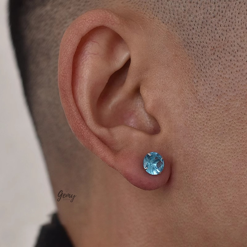 Khuyên tai nữ bạc 925 ổ đá màu Thiên Thanh nhiều size Birthstone (1 chiếc) | GEMY SILVER KN110 - THIENTHANH