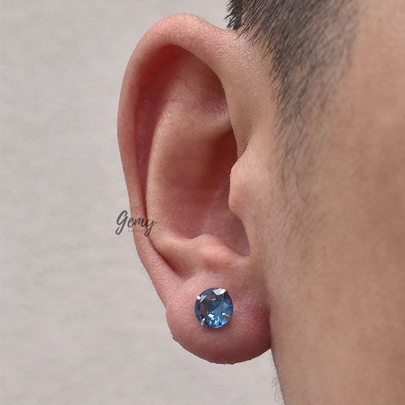 Khuyên tai nam nữ bạc 925 ổ đá màu xanh dương nhiều size Birthstone (1 chiếc) | GEMY SILVER KN110 - XANHDUONG