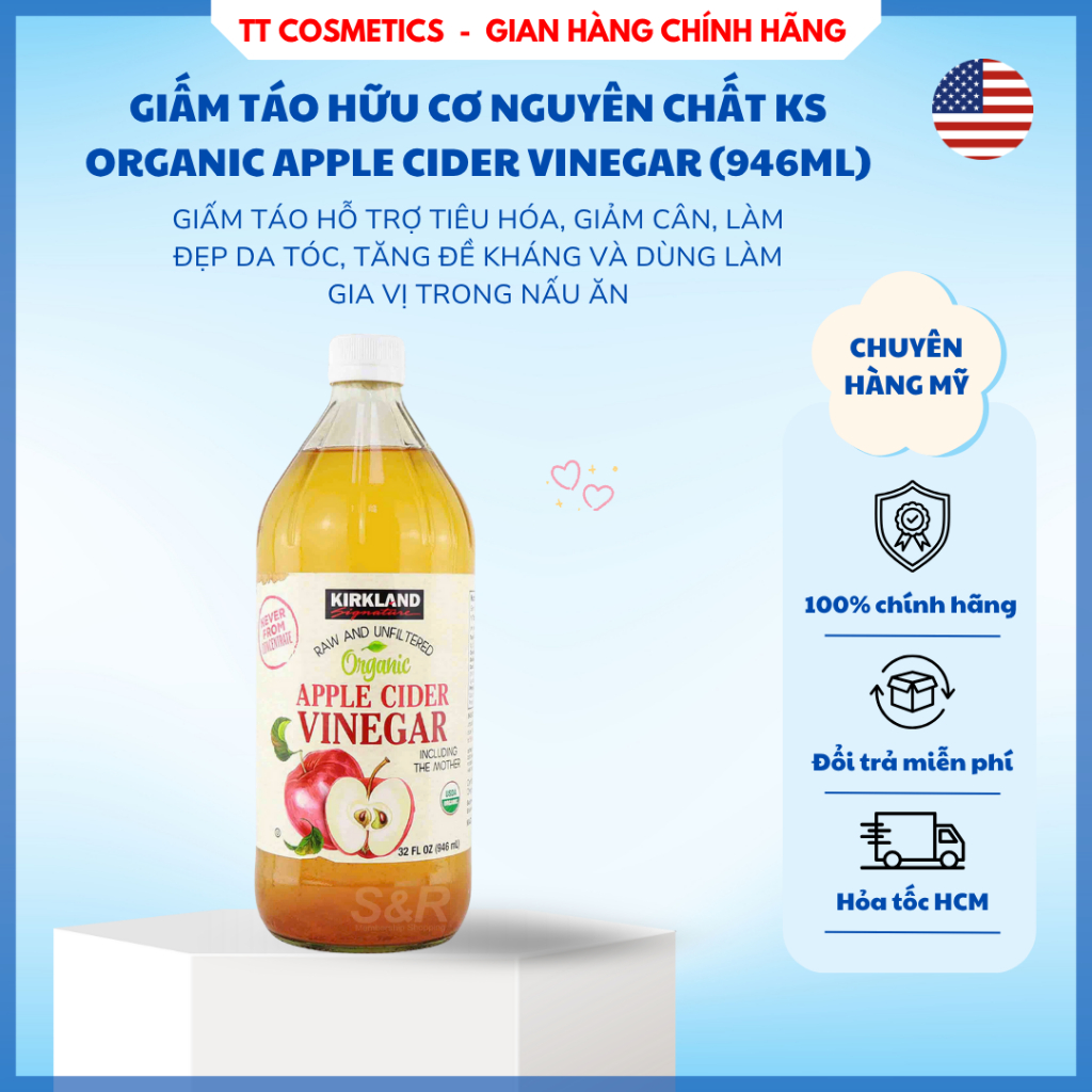 (Date 2028) Giấm táo hữu cơ nguyên chất Kirkland Signature Organic Apple Cider Vinegar