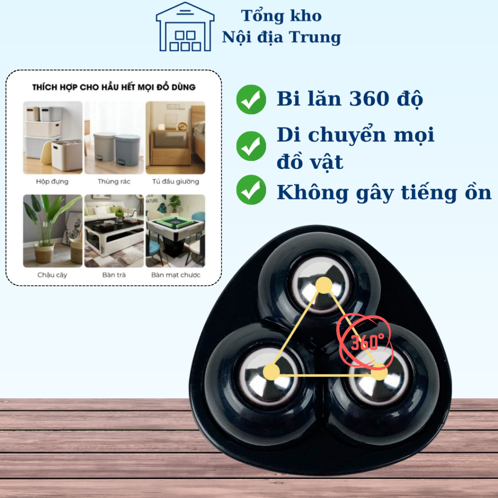 Bộ 4 bánh xe xoay 360°, 3 bi thép không gỉ, giúp di chuyển đồ vật êm ái, mượt mà, không gây tiếng ồn.