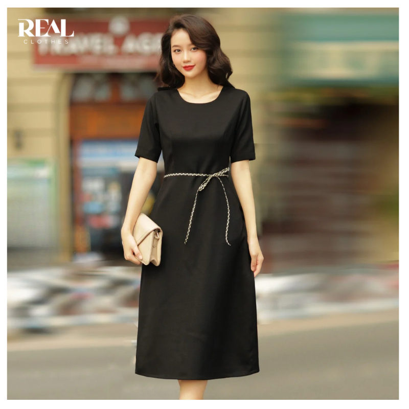 Đầm trơn dáng ôm trên eo Classic REAL CLOTHES (tổng hợp màu), kèm belt, CÓ TÚI, có lót