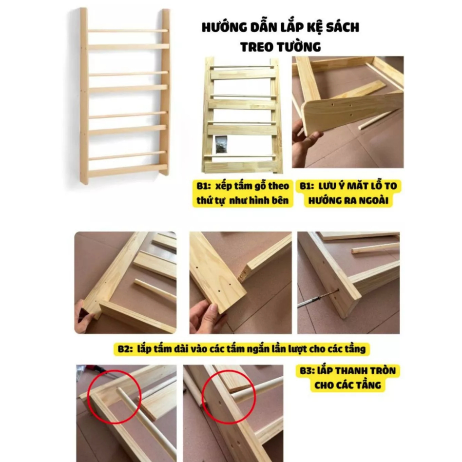 Kệ Sách Gỗ Treo Tường Cho Bé Không Cần Khoan - Giá Sách Montessori Sách, Đồ Chơi - Tiện Dụng, An Toàn, Gỗ Thông Tự Nhiên