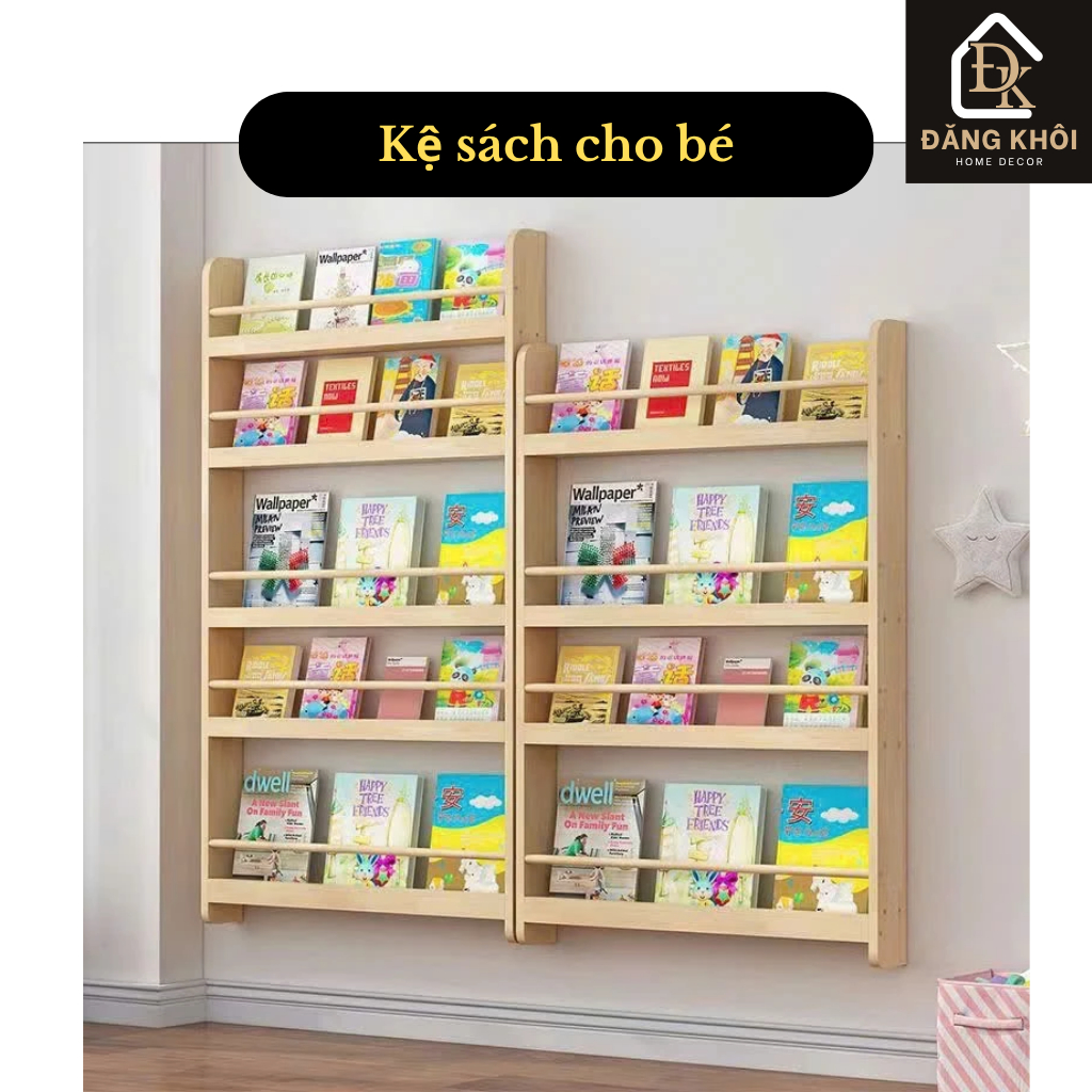 Kệ Sách Gỗ Treo Tường Cho Bé Không Cần Khoan - Giá Sách Montessori Sách, Đồ Chơi - Tiện Dụng, An Toàn, Gỗ Thông Tự Nhiên
