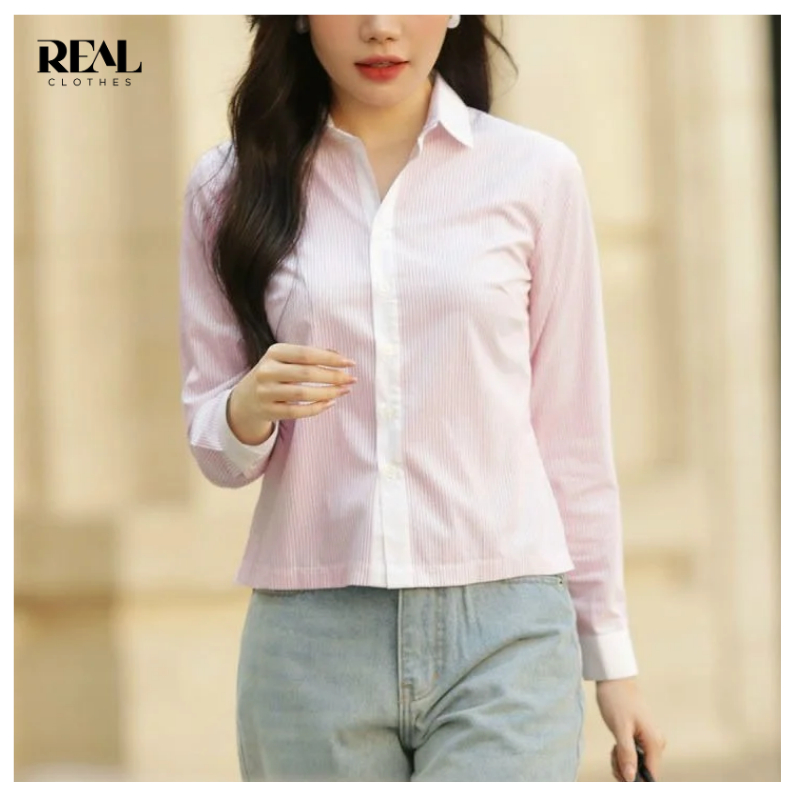 Sơ mi croptop tay dài REAL CLOTHES (tổng hợp màu), mềm mát, trẻ trung