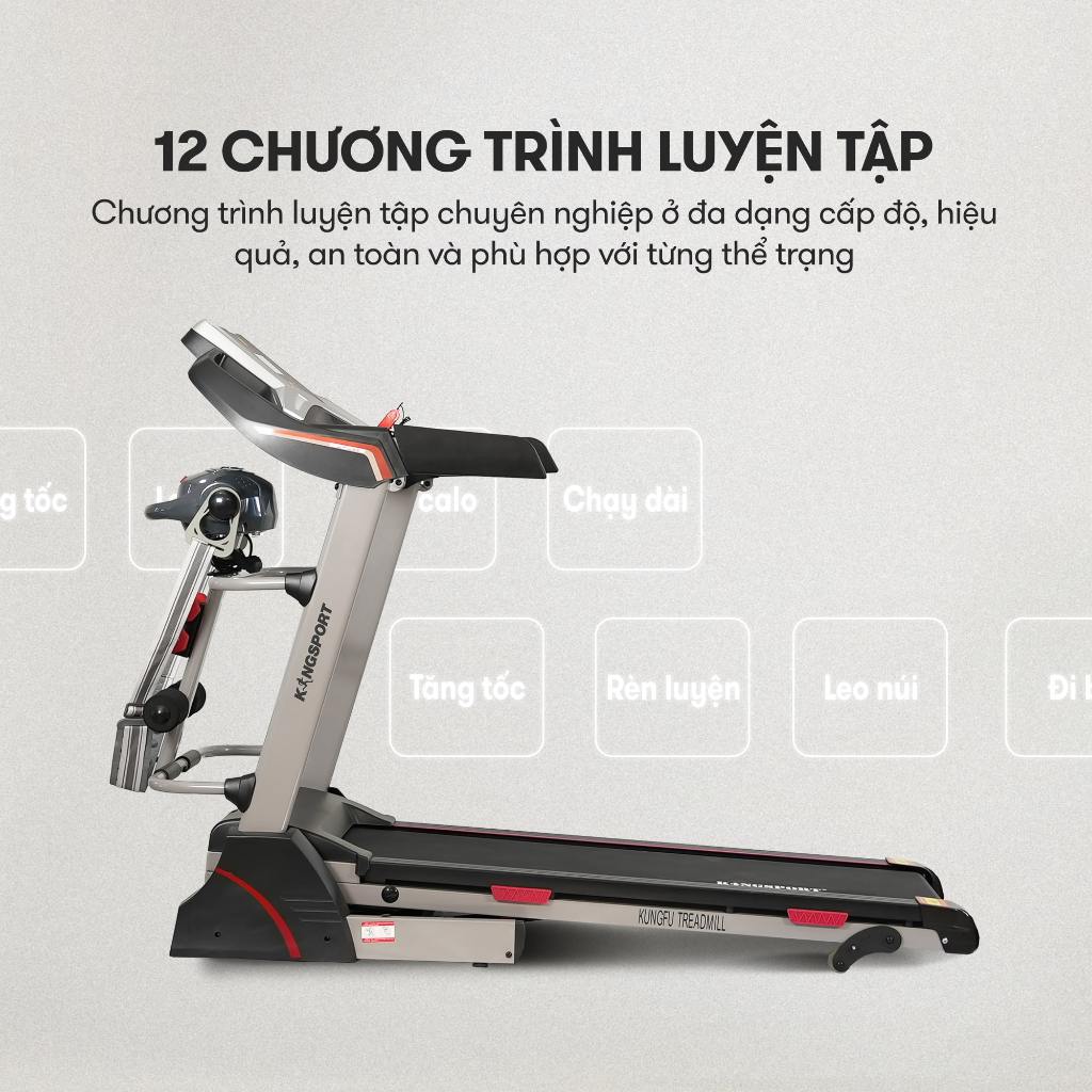 Máy chạy bộ KINGSPORT Kungfu đa năng, động cơ Kingtech hiệu suất 2.5 HP, 12 bài luyện tập