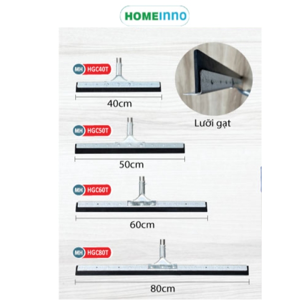 Cây Gạt Đẩy Nước Sàn Nhà Thép Không Gỉ Homeinno Lưỡi Cao Su 50/60/80cm