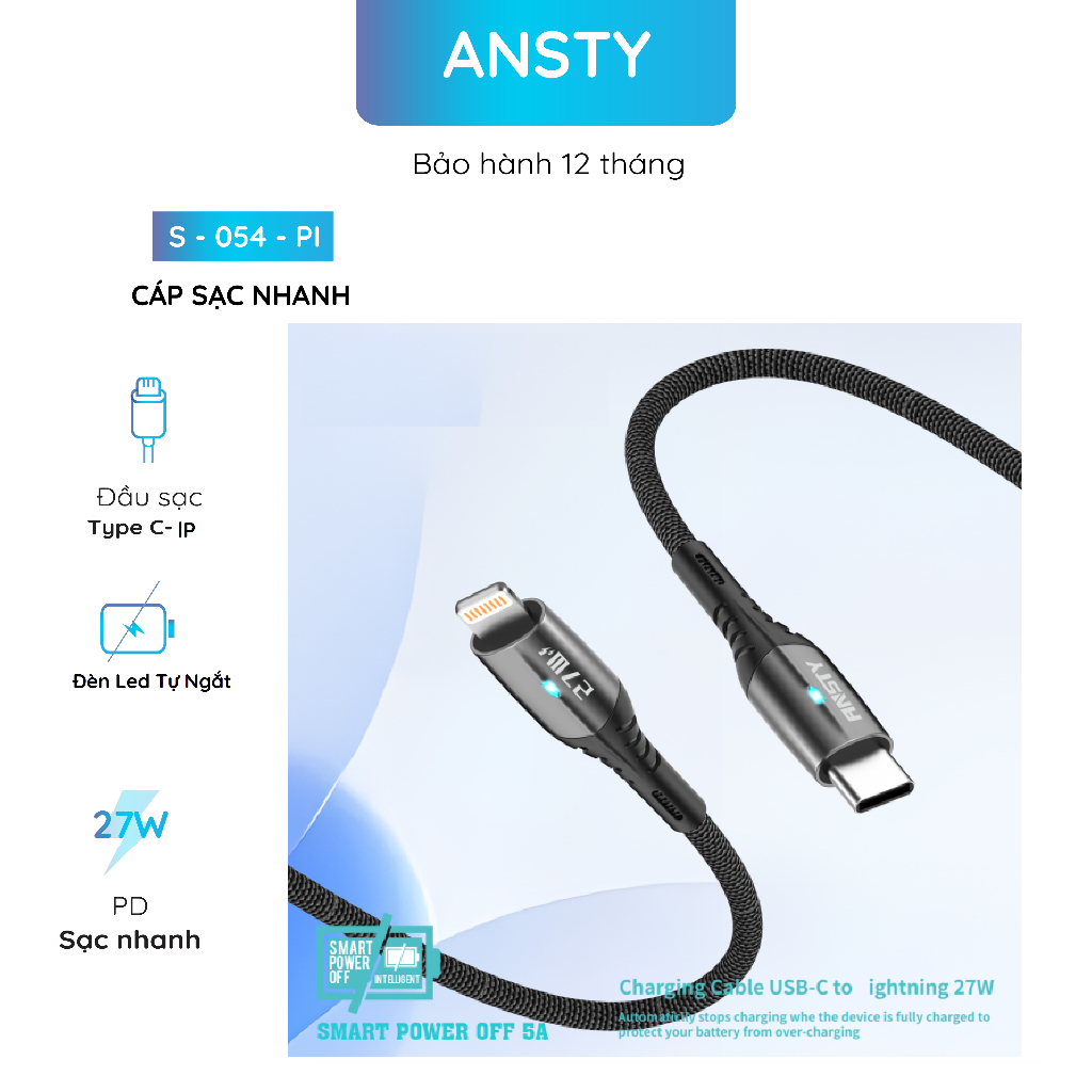 Cáp Sạc Nhanh Ansty S-054-PI Pd27w/S-054-PT Pd100w/S-054-I 5.0a/S-054-T ...