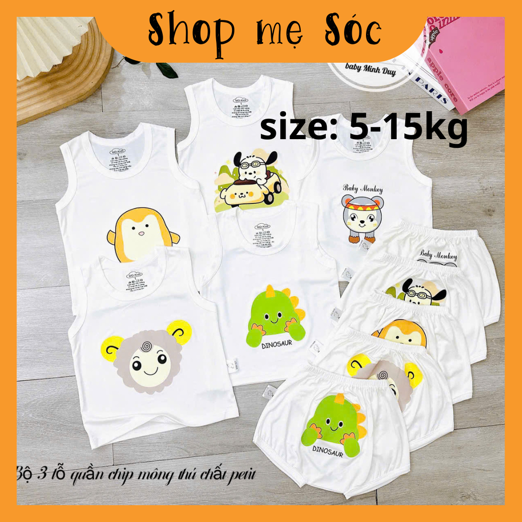 Bộ quần áo BA LỖ sát nách quần chip mông NỀN TRẮNG KEM họa tiết đáng yêu cho bé4-14kg mesocshop