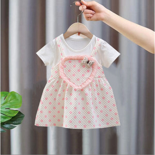Váy cotton bé gái mùa hè dạng yếm liền xinh xắn váy ngắn tay chấm bi trái tim to D1131 Bí Ngô Nhỏ