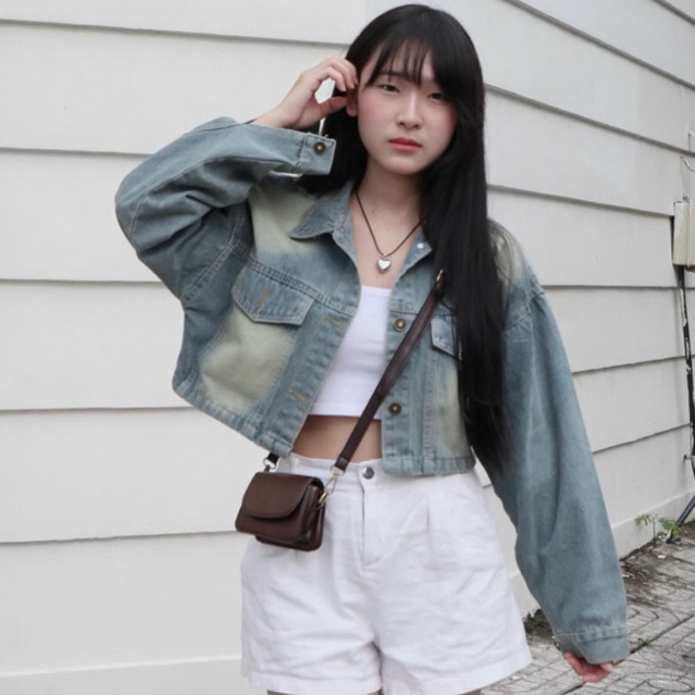 [CROPPED DENIM JACKET] Áo Khoác Jean Nữ Croptop, Áo Khoác Denim Dáng Ngắn Màu Bụi Hack Dáng | KAYCI.STU