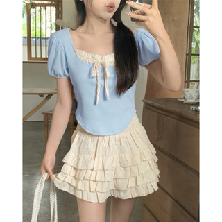 Áo croptop coquette kiểu acubi brandy nữ baby tee nơ màu hồng xanh đen bánh bèo thun tăm CT088