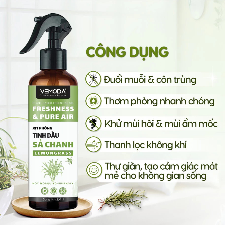 Chai xịt phòng tinh dầu Sả Chanh, Bạc Hà giúp thơm phòng, hỗ trợ đuổi muỗi và côn trùng nhanh chóng