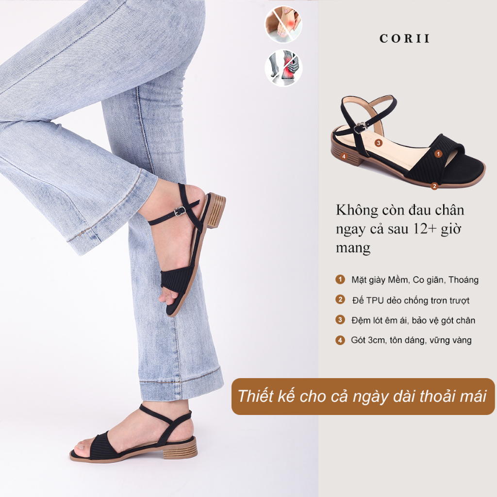 CORII - Giày Sandal Cao Gót Quai Ngang Bản Nhỏ Mũi Tròn Mira Thời Trang và Thoải Mái  - CR6MRW1 Đen
