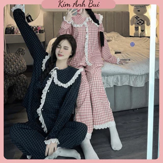 Bộ Pyjama Dài kẻ Xốp Cổ Bèo Viền Ren Siêu Xinh- Bộ Ngủ Mặc Nhà Cổ Bèo Xinh Chất Liệu Thoáng Mát
