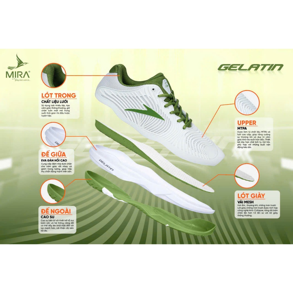 Giày Pickleball Mira GELATIN Chính Hãng Bộ Đế Cao Nguyên Chất Bền Đẹp, Êm Chân, Bám Sân Tốt