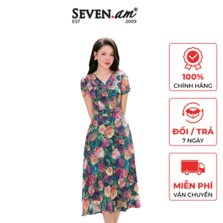 Đầm xoè midi hoa hồng thời trang nữ Seven.AM H603263I