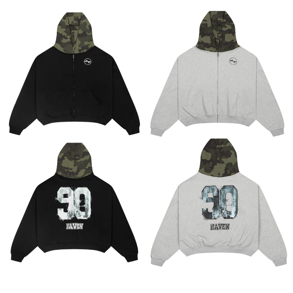 Áo hoodie form rộng in số 90 phối nón camo rằn ri Haven Studio chất nỉ ...