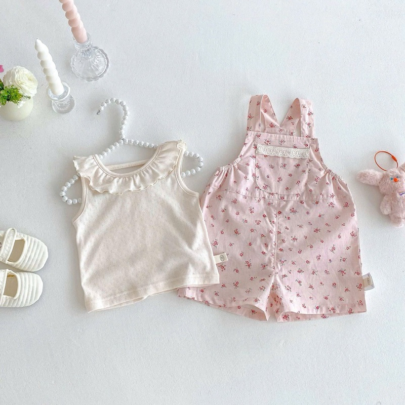 (Order) Yếm hoa nhí hồng kèm áo cổ bèo sát nách thông hơi dành cho bé trai