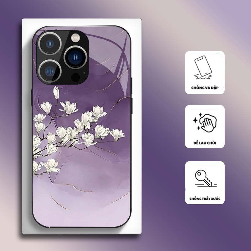 Ốp Lưng cho IPHONE 13, 13 PRO, 13 PROMAX Mặt kính cường lực, cao cấp HOẠ TIẾT HOA CẨM THẠCH