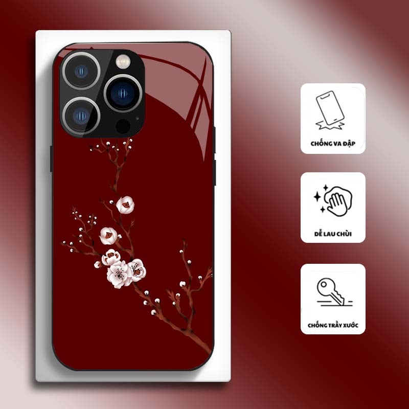Ốp Lưng cho IPHONE 13, 13 PRO, 13 PROMAX Mặt kính cường lực, cao cấp HOẠ TIẾT HOA CẨM THẠCH
