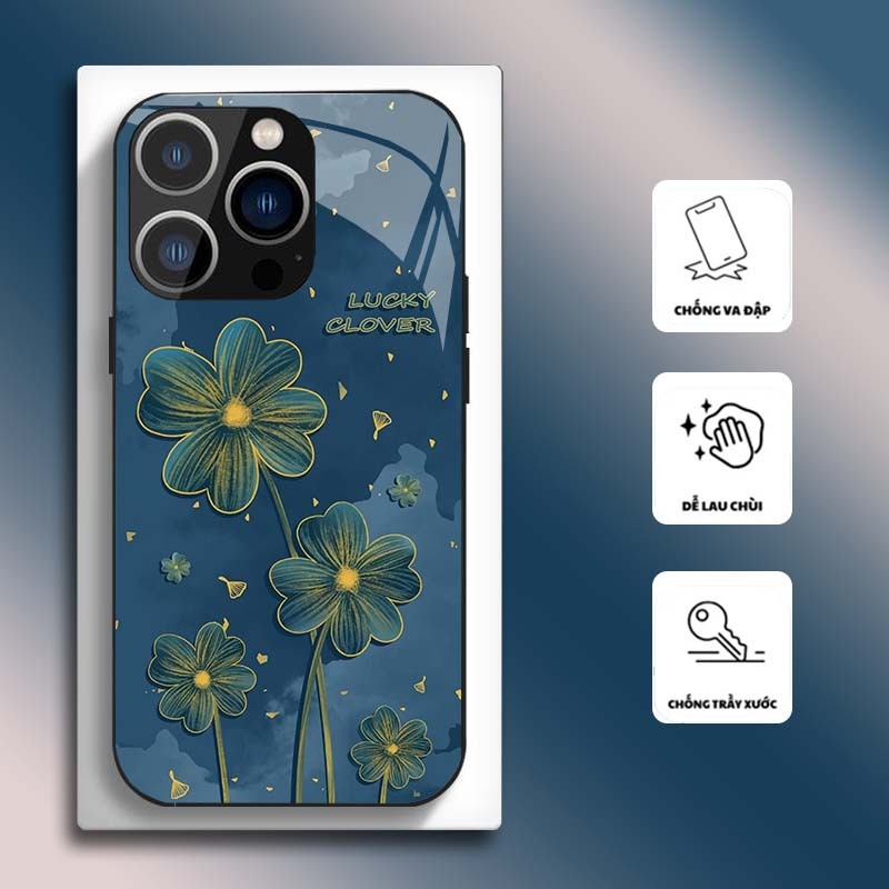 Ốp Lưng cho IPHONE 13, 13 PRO, 13 PROMAX Mặt kính cường lực, cao cấp HOẠ TIẾT HOA CẨM THẠCH