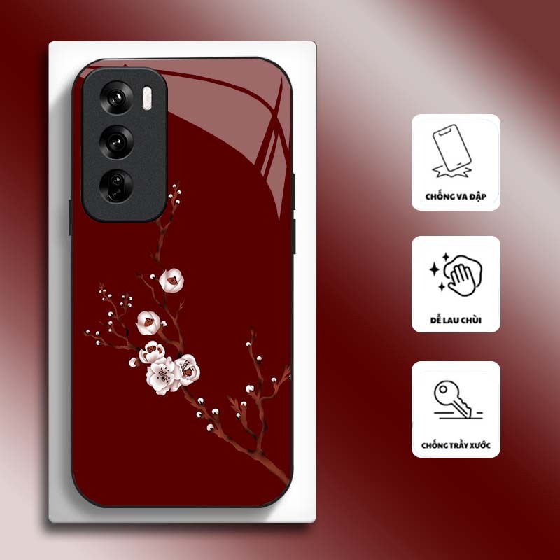 Ốp Lưng cho OPPO RENO 12 5G, RENO 12 PRO 5G Mặt kính cường lực, cao cấp HOẠ TIẾT HOA CẨM THẠCH