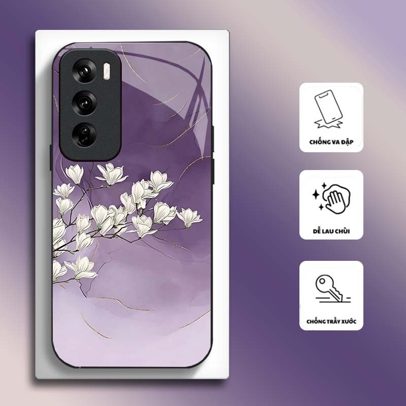 Ốp Lưng cho OPPO RENO 12 5G, RENO 12 PRO 5G Mặt kính cường lực, cao cấp HOẠ TIẾT HOA CẨM THẠCH