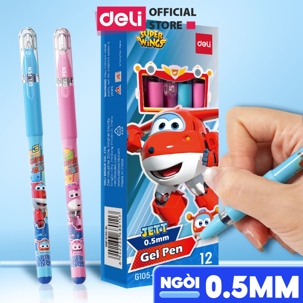 Combo 5 Bút Gel Superwings Deli Bút Bi Nước Học Sinh Mực Tím Xanh Đen Ngòi 0.5mm Có Đệm Tay Bé Tập Viết