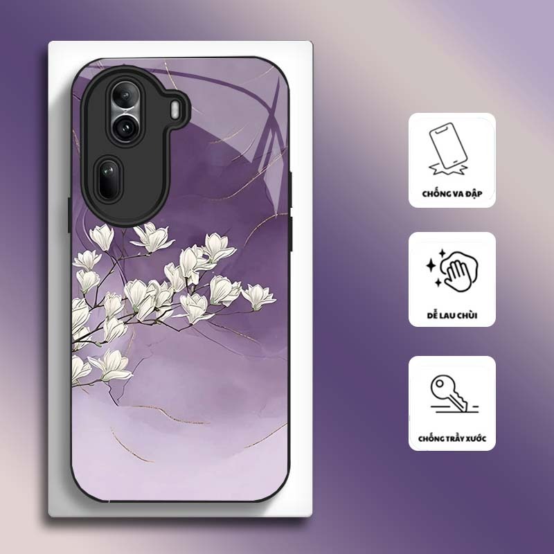 Ốp Lưng cho OPPO RENO 11 5G, RENO 11 PRO 5G Mặt kính cường lực, cao cấp HOẠ TIẾT HOA CẨM THẠCH
