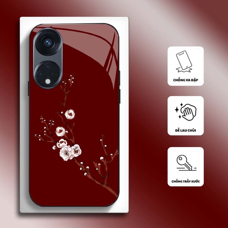 Ốp Lưng cho OPPO RENO 8T 4G, RENO 8T 5G Mặt kính cường lực, cao cấp HOẠ TIẾT HOA CẨM THẠCH