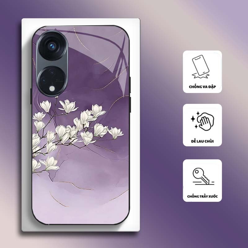 Ốp Lưng cho OPPO RENO 8T 4G, RENO 8T 5G Mặt kính cường lực, cao cấp HOẠ TIẾT HOA CẨM THẠCH